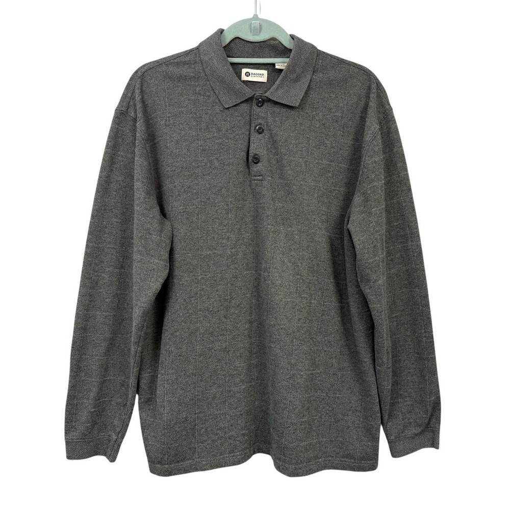 Haggar Men's Long Sleeve Polo Shirt Size L Gray Heathered Grid Pattern Collared
